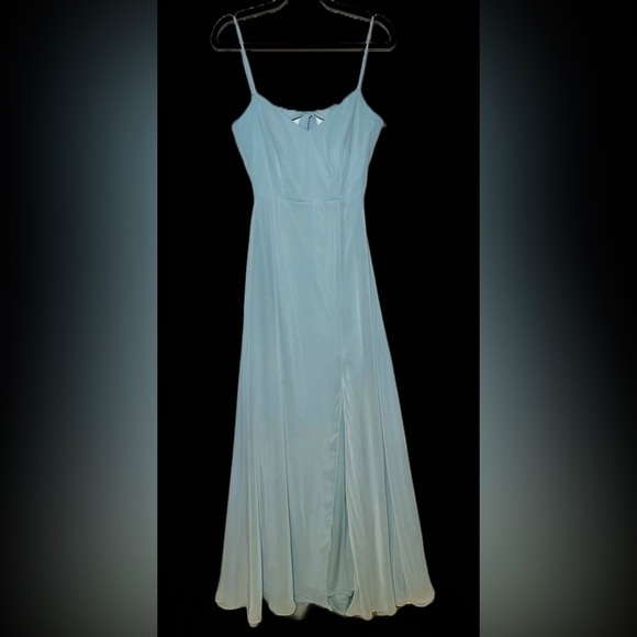 NWT Dessy Collection Tie-Back Cutout Maxi Dress, Front Leg Slit in Mist, Size 4R - Picture 5 of 16